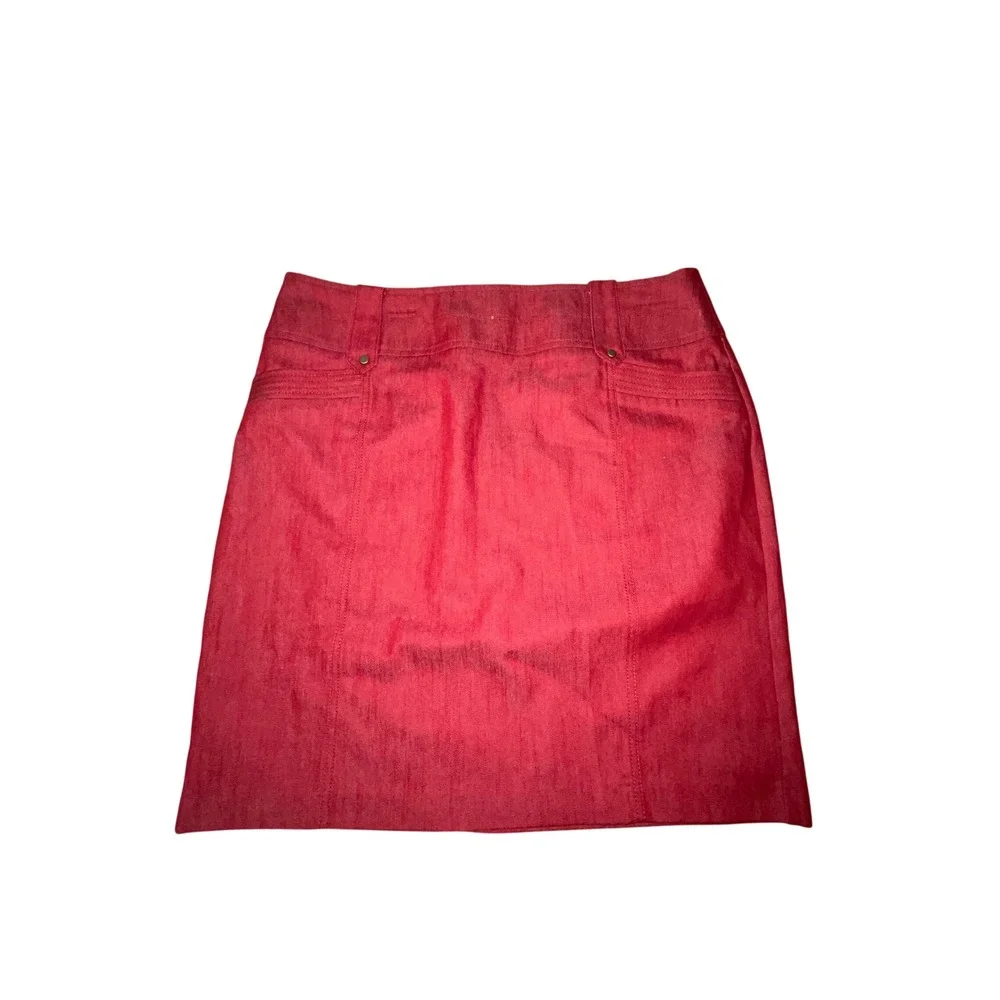 Worthington Petite Red Denim Pencil Skirt Size 16P Cotton Blend Back Pockets